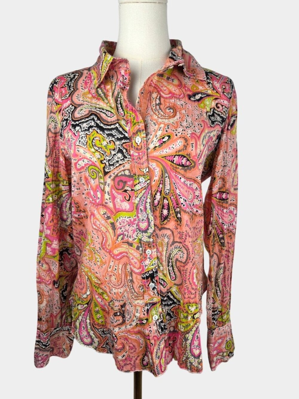 CINO Pink Paisley Crinkle Cotton Button Down Blouse Size L Boho Chic Artsy Vaca
